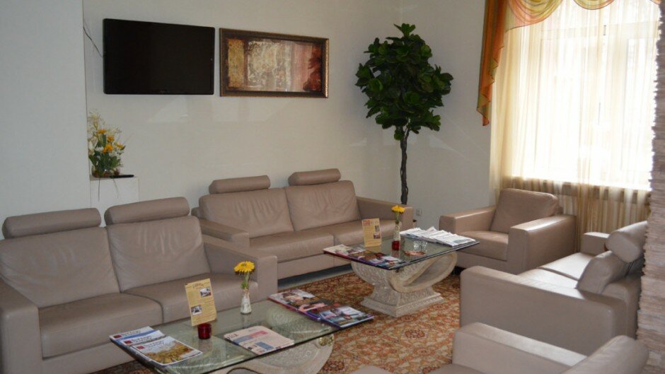 Общий вид на удобные диваны на ресепшене Отеля Европа в Жуковском